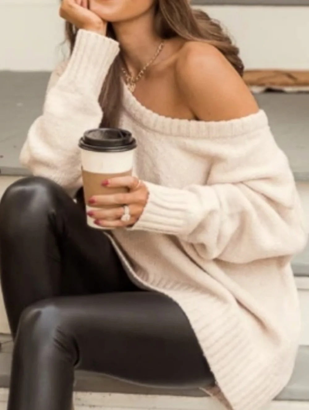 Caitlin Covington x Pink Lily Kelsey Sweater Taupe Wide Neck Off Shoulder Soft M - Picture 2 of 9